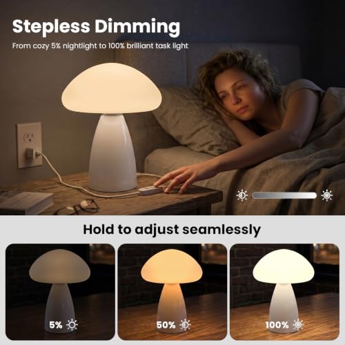 Myrauv Mushroom Lamp, 3 Color Modes Stepless Dimmable Table Lamp, Retro Ceramic Base Bedside Lamp, Decorative Lamp for Bedroom, Nursery, Nightstand (White) - image 3