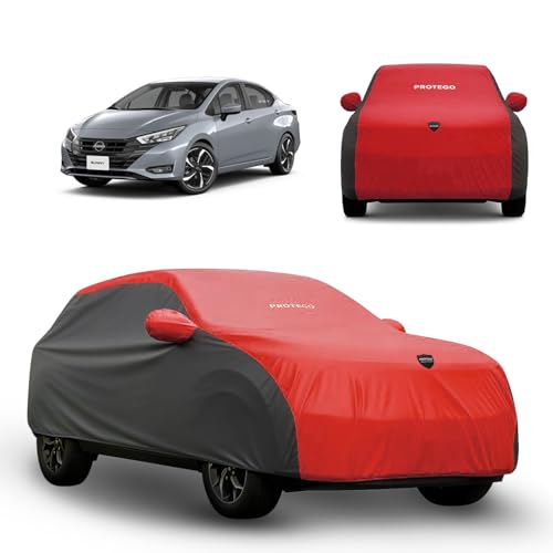 Image of PROTEGO Prime Series India's 1st Anti-Tear Car Cover for Nissan Sunny | Heavy-Duty, Custom Fit, All Weather Protection | 100% Waterproof, Windproof & Hail Resistant | 2-Year Warranty | Red + Black