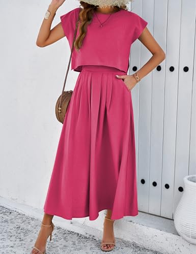 Image of HangNiFang Summer Skirt Sets Women 2 Piece Outfits Cap Sleeve Top Elastic Waist Maxi Dress Sets with Pockets