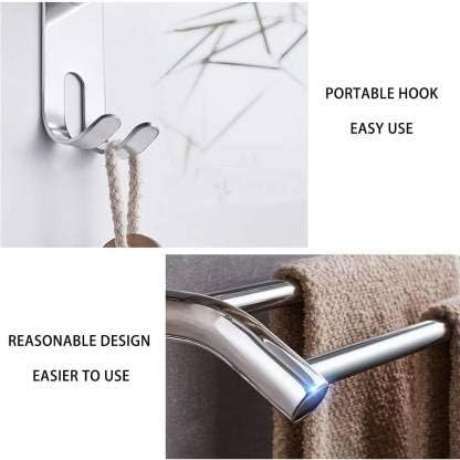 Image of Filox Premium Stainless Steel 1 Tier Bathroom Shelf Organizer | Wall Mount Bathroom Rack with Dual Towel Bar & Integrated Hooks | Multipurpose Kitchen Storage Stand & Towel Holder