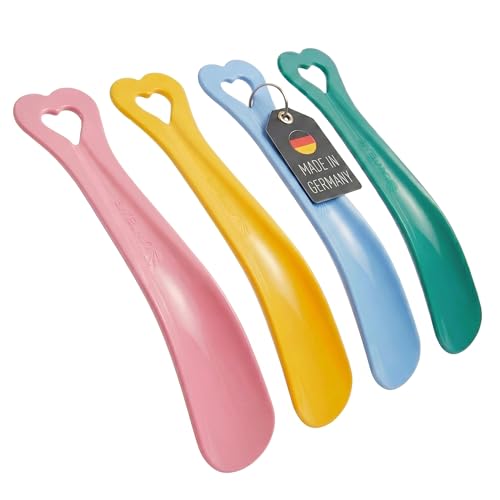 Lantelme Baby Schuhlöffel 4 Stück Set | auch für Kleinkinder Farbe in Rosa Gelb Blau & Grün 13 5 cm x 2 5cm bis Schuhgröße 24 | Schuhanzieher Made in Germany aus Kunststoff