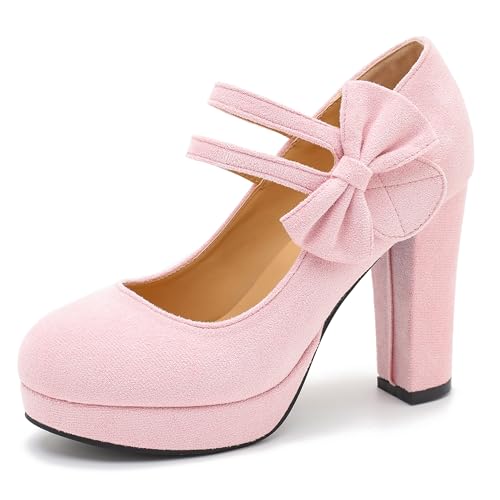 Image of MAIERNISI JESSI Women's Platform Mary Jane Pumps with Bow, 3.94 Inch Block Heel Dress Shoes