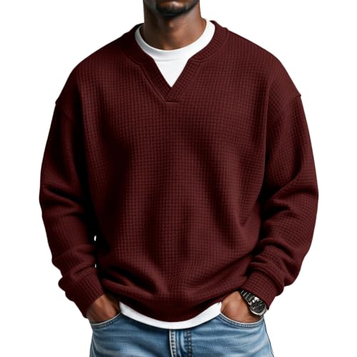 Waffle Shirts for Men Long Sleeve V Neck Fake 2 Piece Casual Layered Shirt - image 1
