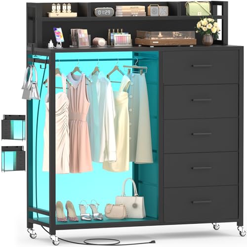 Image of Cyclysio Dresser for Bedroom with Clothes Rack & Shelves, Black 5 Drawers Dresser with Charging Station & LED Lights, Chest of Drawers with Lockable Wheels, Storage Shelves, Bedroom, Closet,Entryway
