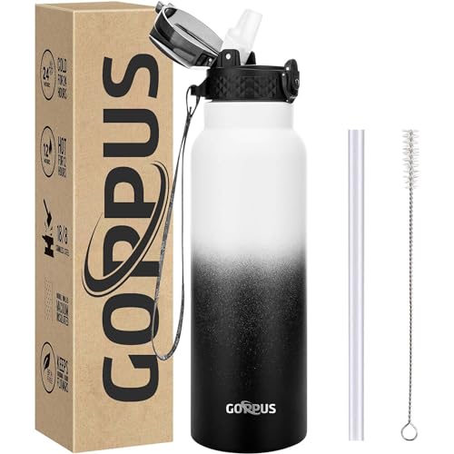 GOPPUS 750ml/26oz Stainless Water Bottle with Straw Double Wall Insulated Bottles with Strap Reusable Vacuum Thermal Flask Leakproof Keep Cold Drinks Bottles with Flip Top Lid for Men Women BPA Free
