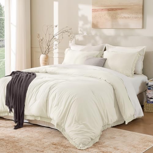 Andency Queen Comforter Set Ivory, 3 Pieces Boho Ivory Tassel Lightweight Bedding Comforter Sets, All Season Soft Bed Set (90x90In Comforter & 2 Pillowcases)