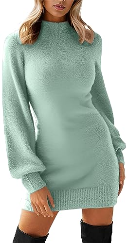 GRECERELLE Women's Mock Neck Ribbed Long Sleeve Bodycon Pullover Cute Mini Sweater Dress