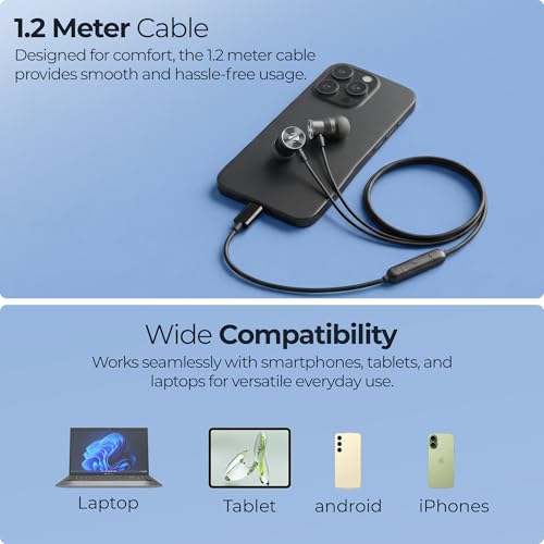 Image of Zebronics Type-C Wired in-Ear Earphones, 10mm Neodymium Drivers, in-line Mic with Volume Control, Magnetic Earbuds, 1.2m Durable Cable, Metallic in-Ear Design, Wide Compatibility (Buds C12, Black)