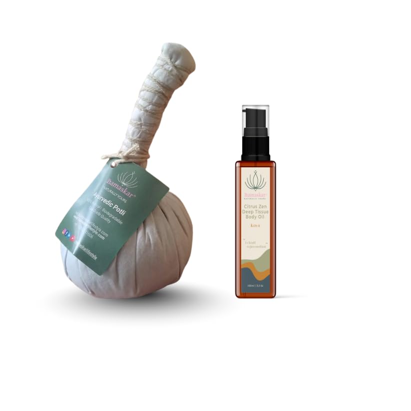 Namaskar Combo of Ayurvedic Massage Potli + Citrus Zen Deep Tissue Body Oil (100 ml) | Herbal Pain Relief & Deep Muscle Relaxation Set for Sore Muscles, Stress Relief, Skin Hydration & Aromatherapy