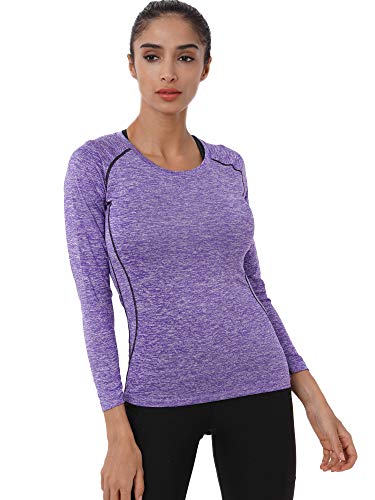 Neleus Women's 3 Pack Compression Wear Athletic Long Sleeve Shirt for Girls,8021,Blue,Purple,Pink,XL