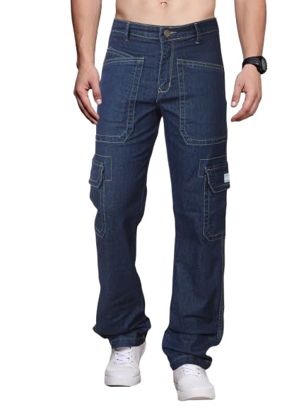 Image of RIG BONE Men's Relaxed Fit Cargo Jeans with Functional Pockets Comfortable High Rise Design Durable Denim Mid Wash Ideal for Casual Wear Travel Outdoor and Urban Adventures