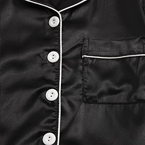 Little Boys Girls Satin 𝗣ajamas Set Black Short Sleeve Button Down Silk 𝗣js 2PC Summer Slee𝐩wear 𝗟oungewear3