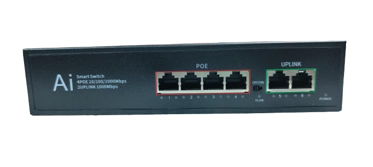 Hanutech Fast Ethernet PoE Switch 4 Port Gigabit, 2 Port Ethernet Uplink 1000Mbps | Ai Feature | Plug N Play | Gigabit Networking Switch for CCTV, IP Cameras- 1 Year Warranty