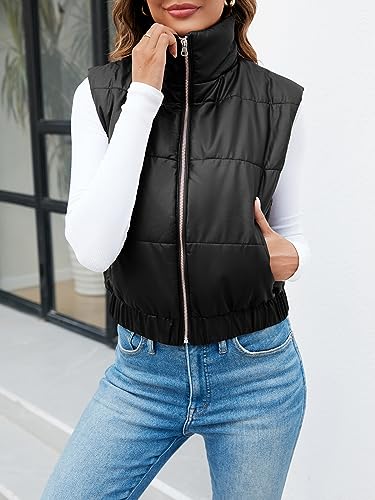 Fisoew Womens Faux Leather Puffer Vest High Stand Collar Zip Up Sleeveless Winter Cropped Jacket Gilet3