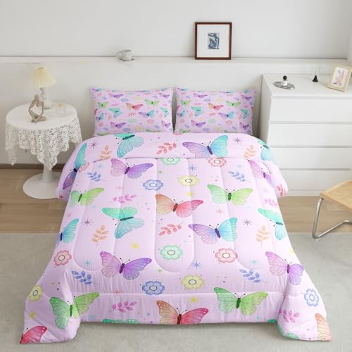 Image of Erosebridal Colorful Butterflies King Size Comforter Set for Kids Teens Adults,Rainbow Gradient Bedding Sets,Cute Cartoon Flower Duvet Insert,Garden Wildlife Quilt Bedroom Decor