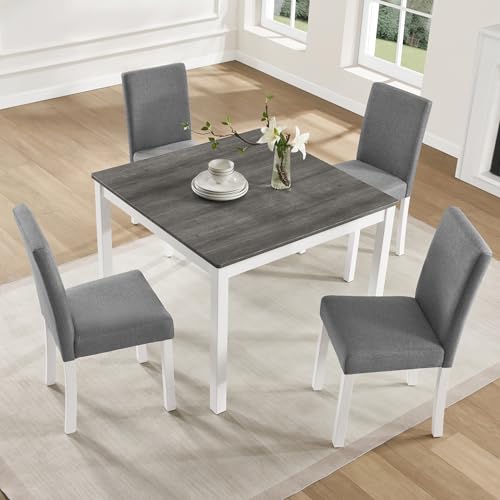 Image of KEIKI 5-Piece Standard Height Dining Table Set with Square Table and 4 Upholstered Curved Backrset Chair, for 4 Person, Modern Wooden Table Set, Easy Assembly, for Kitchen, Dining Room, White+Gray