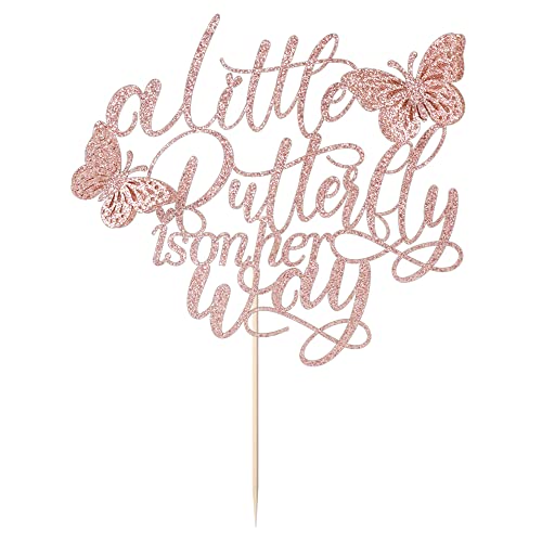 Kaoenla A Little Butterfly Is On Her Way Cake Topper - Pregnancy Announcement, Gender Reveal, Baby Shower, Newborn Welcome, Butterfly Themed Party Decorations (Rose Gold) #TOP4