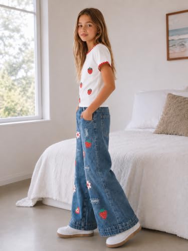 Image of Azmxynol Tween Girl Clothes Short Sleeve Top + Butterfly Design Jeans 2 Pieces Spring Summer Outfit Set, Size 6-16 Years