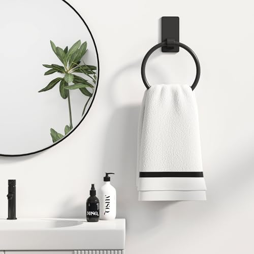 Image of Towel Ring, SUS304 Hand Towel Holder for Bathroom,Matte Black Towel Holder Bathroom Adhesive Towel Hanger for Bathroom, Kitchen, 2 Pack