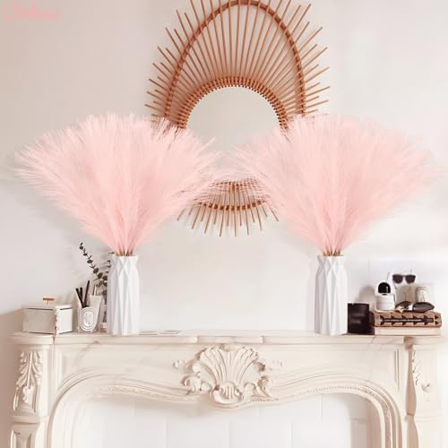 50pcs Pink Faux Pampas Grass Decor, 21.6" Short Artificial Pompous Grass Floral Fake Pompas Grass Branches Vase Filler Flower Arrangement for Home Wedding Boho Outdoor Decor