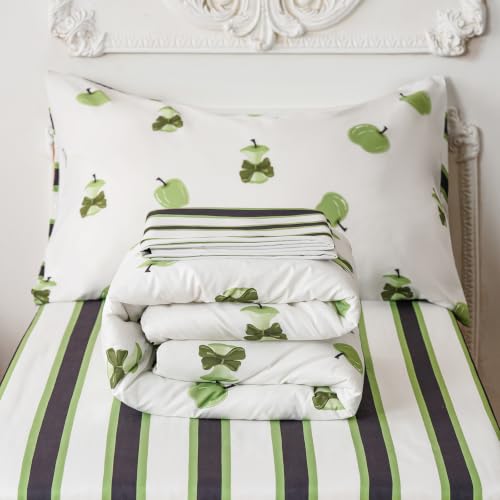 Image of KAREVER Stripes Toddler Bedding Set Green Apple Print 4 Pieces Crib Bed Set Kids White Green Striped Comforter Set