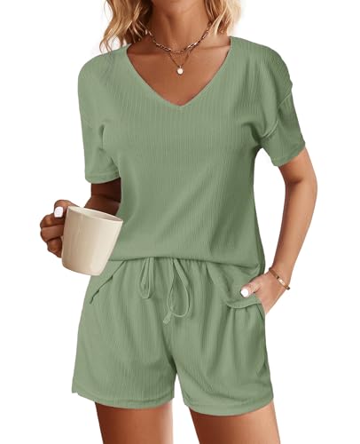 NLAND Women's 2 Piece Set V Neck Short Sleeve T-Shirt and Shorts Sportswear Casual Summer Comfortable Set, Green, L NLAND Women's 2 Piece Set V Neck Short Sleeve T-Shirt and Shorts Sportswear Casual Summer Comfortable Set, Green, L