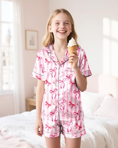 Sylfairy Girls Pajamas Silk PJS Set Pink Bow Satin Sleepwear Short Sleeve Jammies for Kids Button-Down Nightwear size 7-144