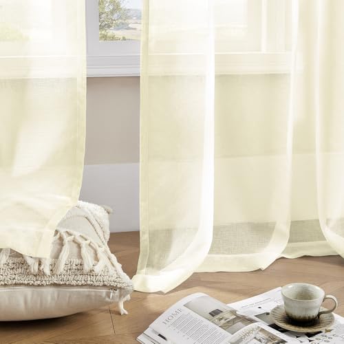 Image of MYSTIC-HOME Sheer Curtains Beige 84 Inches Long, Window Treatments Rod Pocket Drapes for Living Room, Bedroom, Semi Crinkle Voile Extra Wide Curtains for Yard, Villa, Parlor, 108 inchx 84 inch, 2Pc