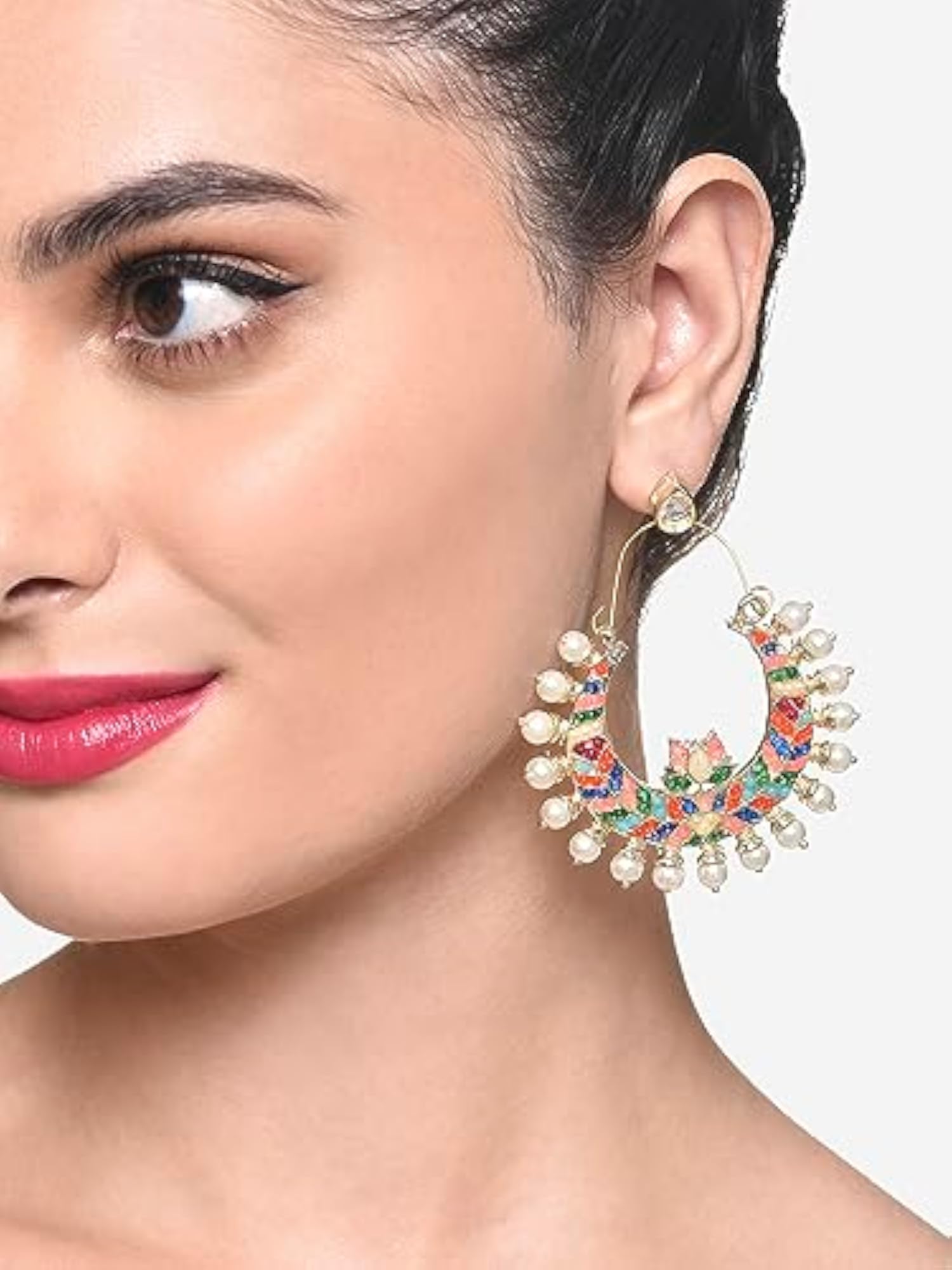 Crescent Lotus Ethnic Dangle Earrings with Stones - ZPFK16398