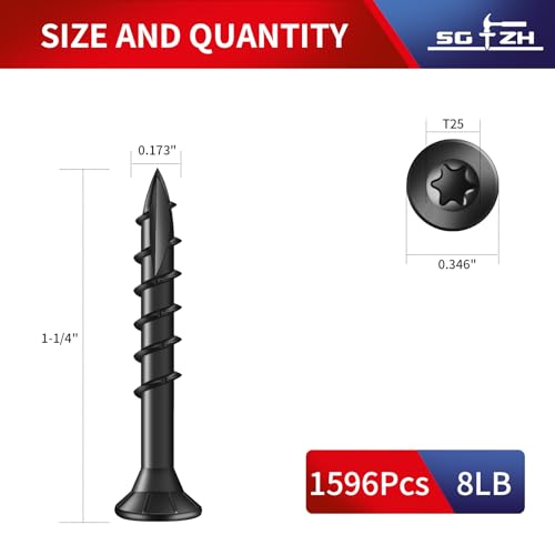 Image of #8 x 1-1 /4 inch Deck Screws (1596Pcs) 8lb. Exterior Wood Screws. Carbon Steel, Black, Flat Head, Rust Resistant epoxy Coated, with T25 Star Bit