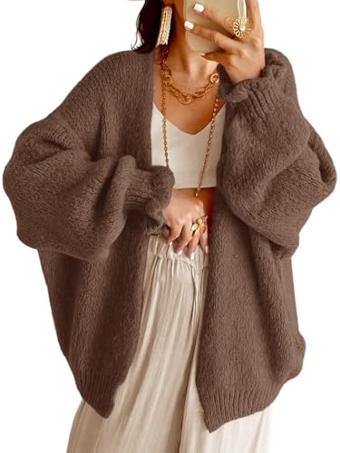 Saodimallsu Womens Oversized Open Front Cardigan Fall Ruffle Lantern Long Sleeve Chunky Knit Loose Sweater Coats