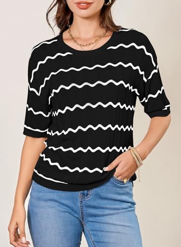 EVALESS Womens Short Sleeve Sweaters Spring Summer Crochet Knit Tops Crewneck Striped T Shirts Casual Blouses for Women2