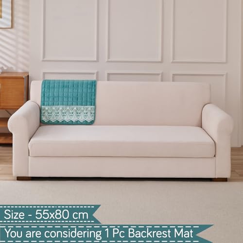 Image of HOKIPO 'BelleLace Series' Imperial Milk Velvet Sofa Backrest Mat Cover with Lace | Anti-Slip | 1 Pc - Teal (AR-6311-TEAL)
