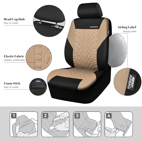 Image of CAR PASS Car Seat Covers Full Sets, Front & Split Rear Bench for Car, 3D Tyre Embossed Automotive Interior Covers, Airbag Compatible, Quick Setup Universal Fit Seat Covers for Car, SUV(Black Beige)