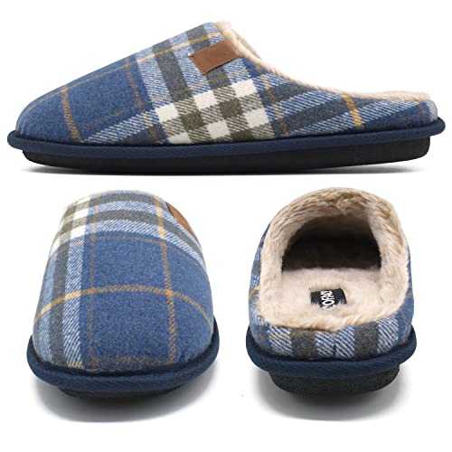 Coface Mens Blue Flano Plaid Cozy Memory Foam Scuff Slippers Slip On Warm House Shoes Indoor/Outdoor With Best Arch Surpport Size 8.5 #TOP4