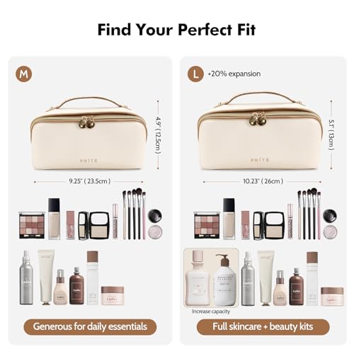 Prite Makeup Bag for Women Travel Waterproof Vegan Leather Cosmetic Bag Open Flat Toiletry Bag With Clear Divider and Handle (Beige)