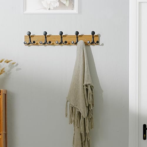 Porte-manteau mural en bois véritable marron clair 5 crochets 61cm - 4