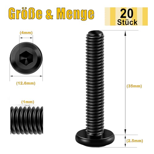 20PCs M6 x 35 Flat Head Screws, Hexagon Socket, Stainless Steel A2 V2A, Full Thread Black Oxide with Hex Key - Image 2