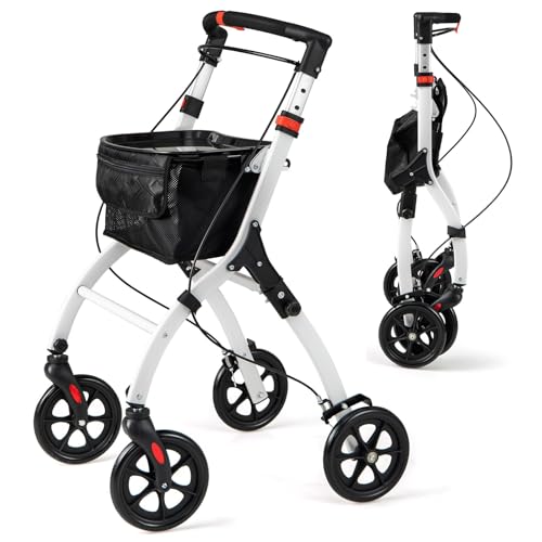 Lightweight Rollator Walker for Seniors and Adults, Folding Mobility Aid with Seat, Backrest, Basket and 8 Wheels for Indoor Outdoor Use
