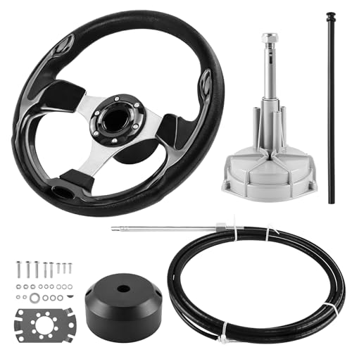 Boats Steering System 10ft Cable Outboard Steering Kit 3/4 Standard Tapered Shaft Boat Steering Control Cable for Yachts Fishing Boats and Other Watercraft - with Steering Wheel