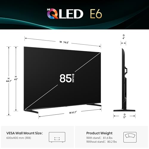 Image of Hisense 85 inch E6 Cinema Series Hi-QLED 4K UHD Smart Fire TV (85E6QF, 2025 Model) - AI Light Sensor, Dolby Vision . Atmos, Voice Remote with Alexa, Motion Rate 120, HDR 10+ Adaptive, Game Mode Plus