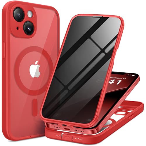 BERFY for iPhone 13 Case Compatible with MagSafe Built-in Privacy Screen Protector Camera Protection Shockproof Full Body Phone Case 6.1 Clear Red