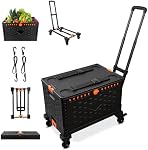 Chariot pliable + Panier à roulettes portable à grille collable avec roues rotatives durables, boîte de rangement pour camion à main avec poignée télescopique, 2 Straps élastiques pour le shopping, le bureau, le jardin
