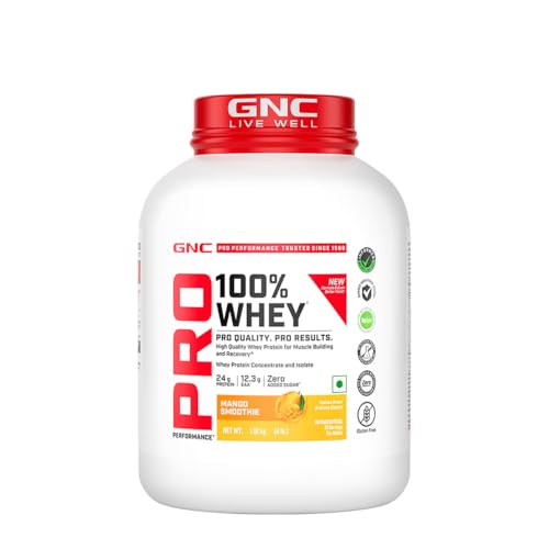 Image of GNC Pro Performance 100% Whey Protein | New Formulation | 24g Protein, 5.7g BCAAs, 12.3g EAAs | Added DigeZyme | Whey Isolate & Concentrate Blend, Low Carb (4.51g), No Added Sugar | Mango, 1.81Kg