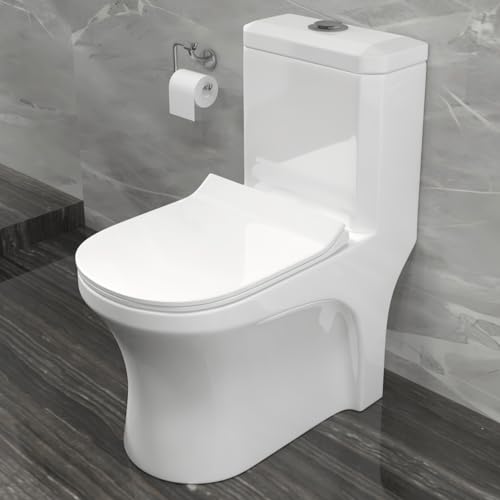 Image of B BACKLINE Coco Ceramic One Piece Western Toilet | S-Trap Floor Mounted Water Closet | European Commode with Soft Close Seat Cover | Glossy White (7-Year Color Warranty)