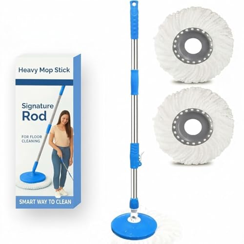 Image of Heavy Duty Stainless Steel Mop Stick with 360 Degree Swivel Head, Extendable Long Handle - Replacement Mop Pole for Floor Cleaning,Home & Office- Ergonomic Design (Blue) (2 Refills)