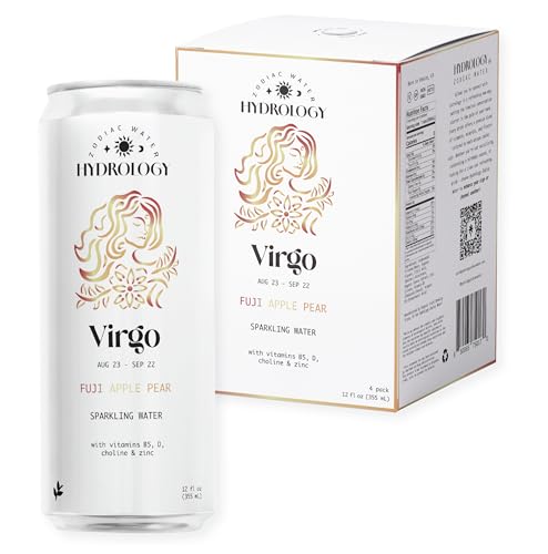 Hydrology Zodiac Water - Virgo Fuji Apple Pear - Organically Flavored Social Sparkling Water with unique Vitamins and Minerals tailored to the Virgo Zodiac Sign, Astrology Drink for Birthday Gift (4-Pack, Virgo - Fuji Apple Pear)