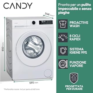 Candy ProWash 300 GD 4108-S, Lavatrice Carica Frontale, 10KG, Classe A-20%, 1400 giri, 16 Programmi, 8 Cicli Rapidi, Trattamento Vapore, Motore Silent Inverter, Bianco