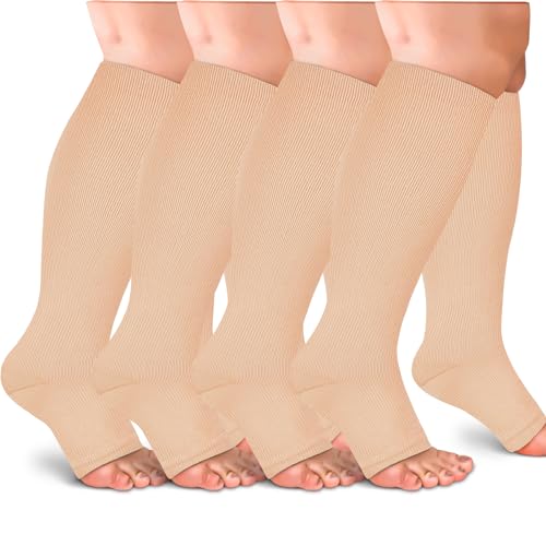 4 Pairs Open Toe Plus Size Compression Socks for Women and Men Wide Calf Extra Large for Circulation Support