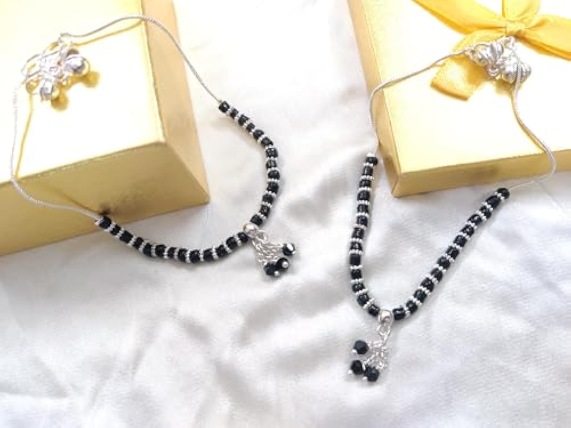 Women's Black Beaded Nazariya Anklet Pair with Silver-Plated Chain
